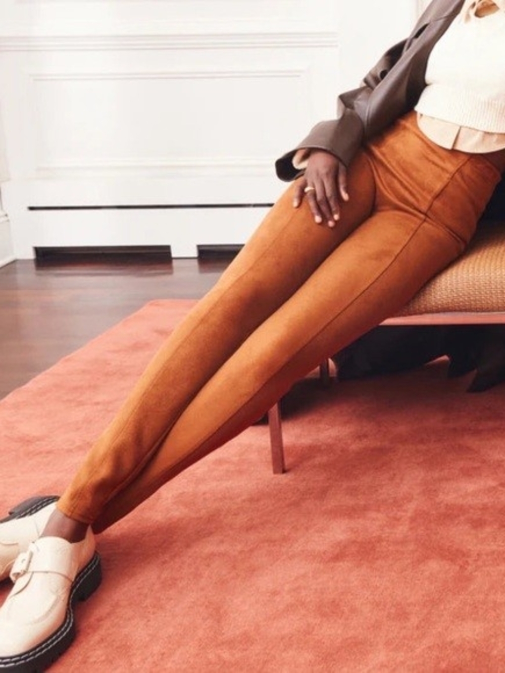 High-Rise Faux-Suede Leggings in Caramel Brown
